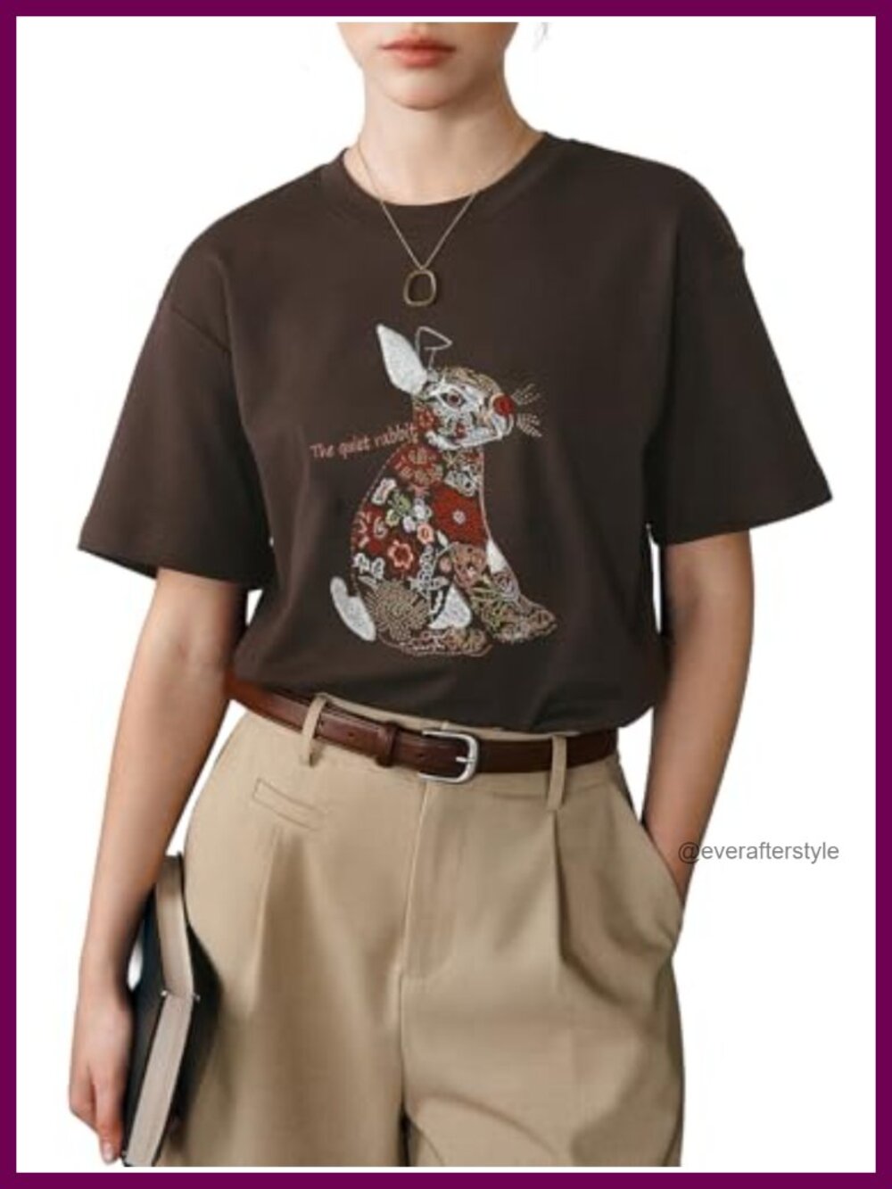 Cotton Knit Short Sleeve Embroidered Rabbit Graphic Tee Relaxed Crewneck